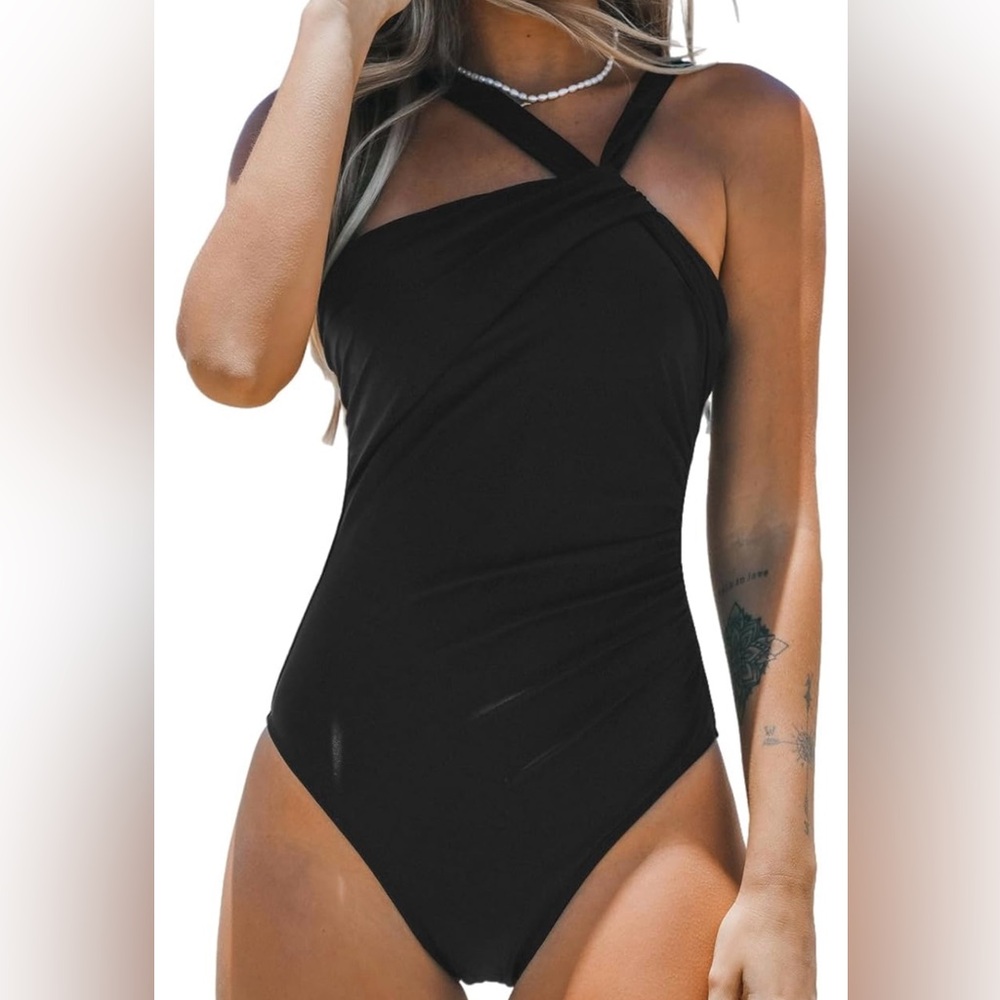 Black Ruched Cross Tie Back One Piece Swimsuit Size: S
